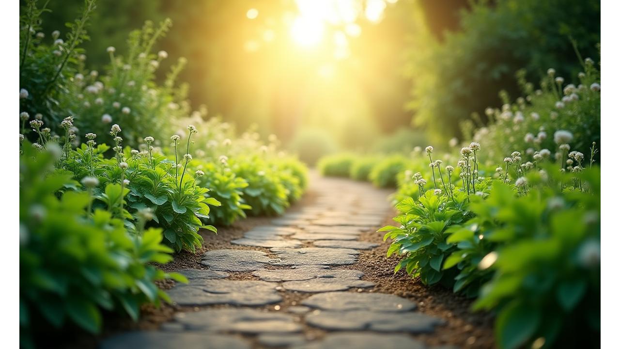 A serene, sunlit scene of a blooming garden path, symbolizing growth, clarity, and a journey towards wellness. Soft focus background elements suggest a blend of nature and modern tranquility.