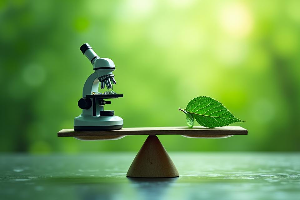 A visual metaphor for rigorous testing and evaluation: a balanced scale with scientific instruments on one side and natural elements on the other, representing thoughtful consideration.