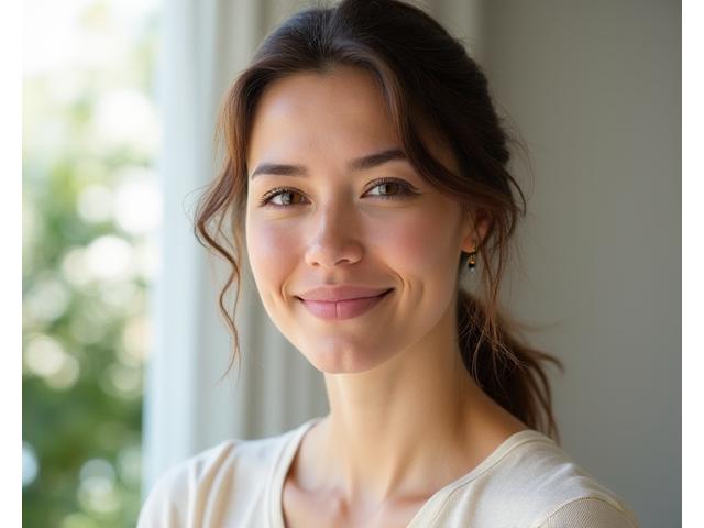 Chloe Williams, a serene woman in her late 30s with warm eyes, dressed in smart casual wear, conveying empathy and wisdom.