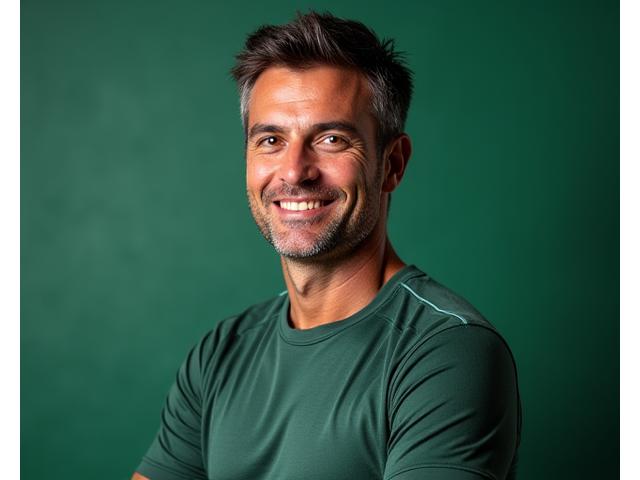 Mark Rivas, a fit man in his early 50s, dressed in activewear, with a approachable and confident expression.
