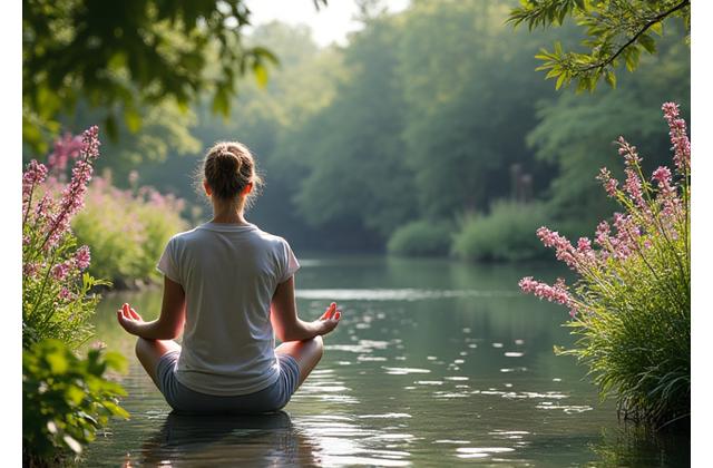 Peaceful scene at Zilker Botanical Garden with a person meditating near water, surrounded by lush plants.