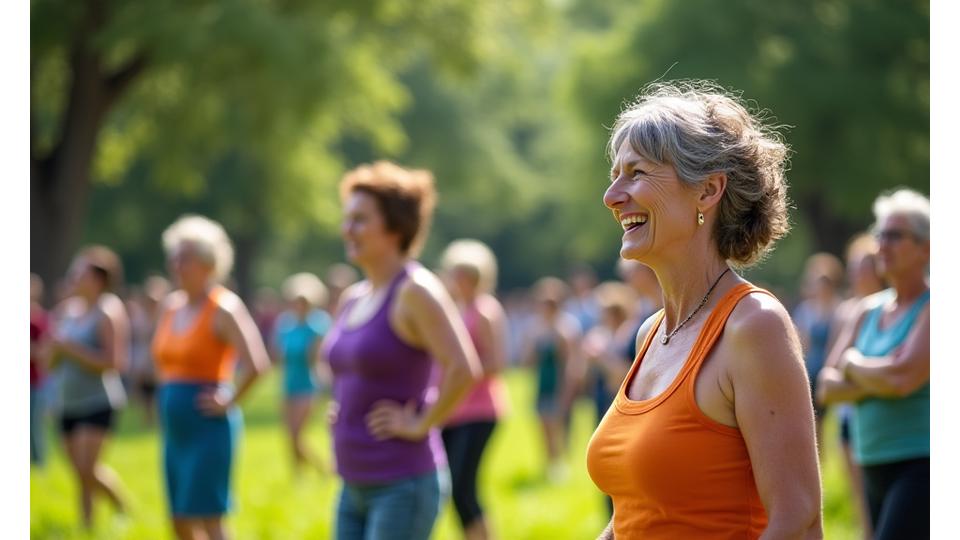 Diverse group of adults 35+ participating in an outdoor community yoga and meditation event in an Austin park.