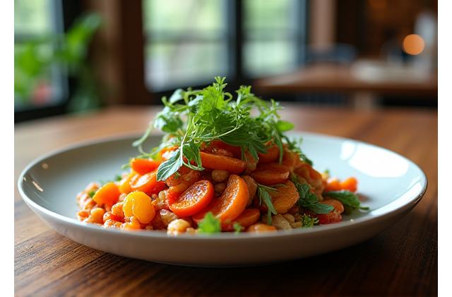 Elegant farm-to-table restaurant dish with fresh, colorful ingredients.