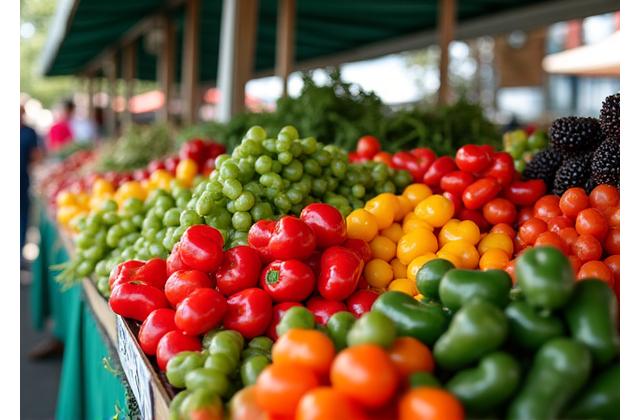 Vibrant Austin farmers' market stall with an abundance of fresh, colorful fruits and vegetables.