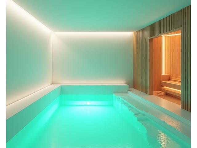 Modern float tank and infrared sauna facility with serene lighting, ready for a customer.