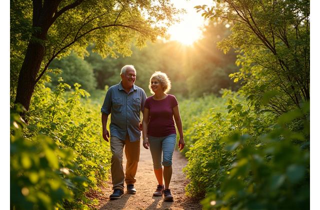 Couple in their 40s hiking on a lush trail in Austin's Barton Creek Greenbelt, enjoying nature.
