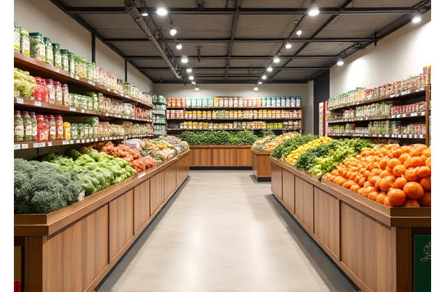 Interior of a bright, modern health food store with well-stocked shelves of organic produce and specialty items.