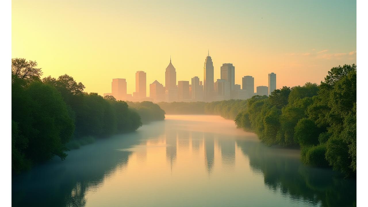 Austin, Texas skyline at sunrise with Lady Bird Lake and lush greenery, symbolizing urban wellness and natural beauty.