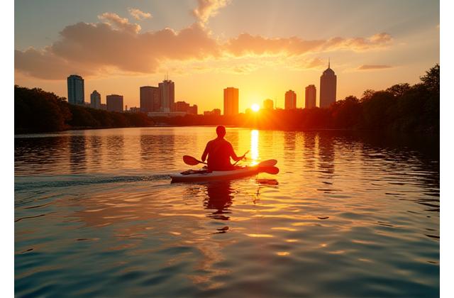 Kayaker enjoy the calm water of Lady Bird Lake at sunset with the Austin skyline in the background.