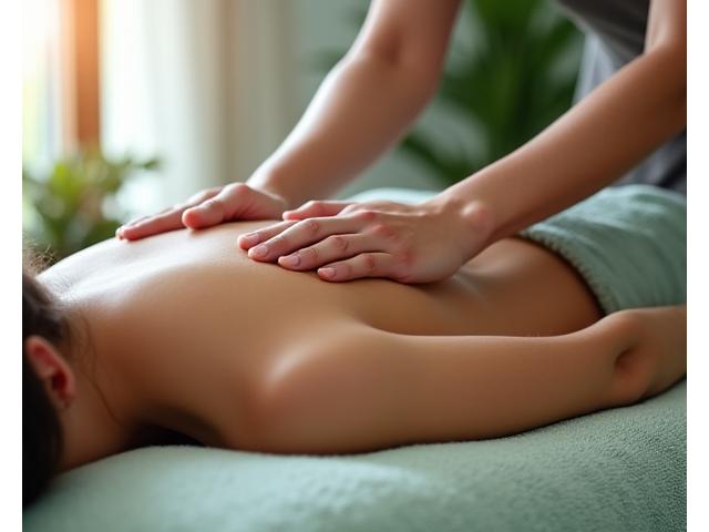 A tranquil massage room with a therapist providing deep tissue massage for an adult 40+, focusing on back recovery.