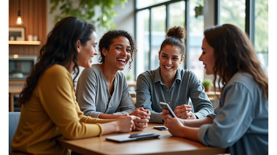Diverse group of Veridian Bloom members in Austin, interacting and sharing wellness experiences in a bright cafe setting. 