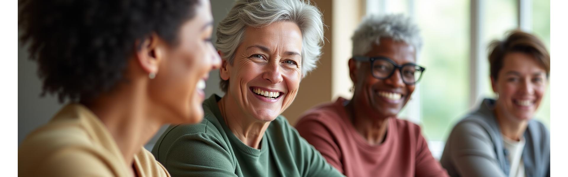 Diverse group of adults (35+) smiling and laughing while interacting warmly in a modern, sunlit community space, representing connection and mutual support.
