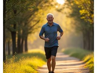 David, a man in his early 60s, walking briskly on a tree-lined trail in an Austin park, looking healthy and active.