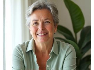 Eleanor, a woman in her late 40s, smiling confidently during a gentle yoga stretch in a sunlit room.