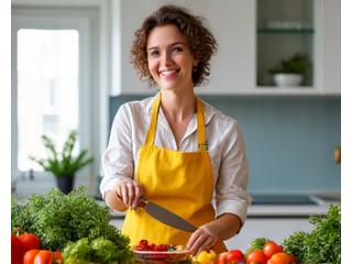 Susan, a woman in her late 30s, happily preparing a colorful, healthy meal in a bright, modern kitchen.