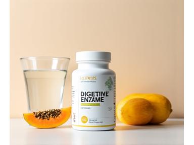 Cleanly designed digestive enzyme supplement bottle next to a glass of water and a few whole foods.