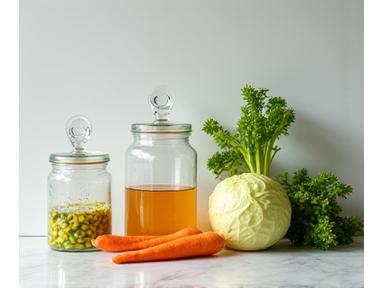 Stylish, modern home fermentation kit with glass jars, airlocks, and fresh vegetables.