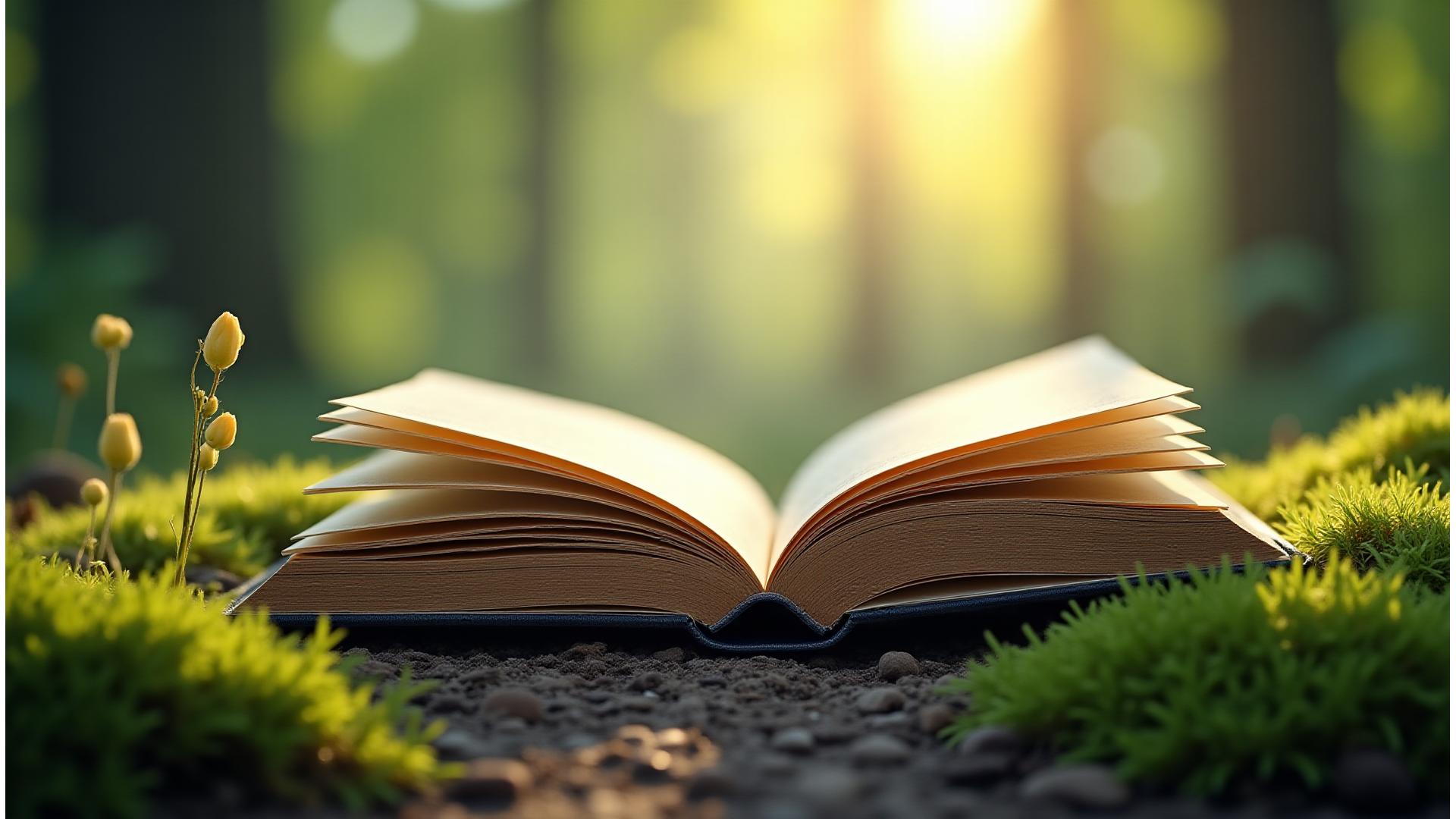Soft focus image of an open book with light streaming on natural elements like leaves and gentle morning mist, symbolizing knowledge and natural wellness.