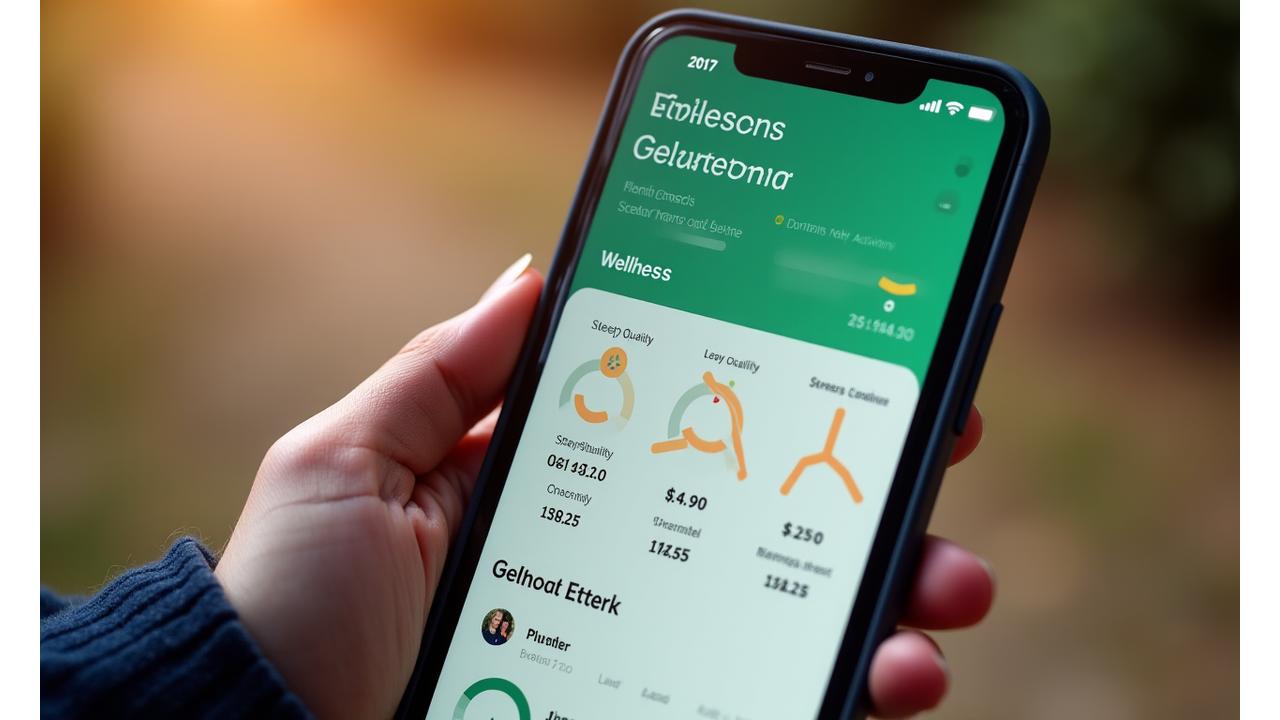 A clean, modern mobile app interface showing a user's wellness progress dashboard. It features clear charts for sleep quality, activity levels, and stress metrics, with habit streaks and personalized goal updates. The design uses the brand's primary and accent colors for data visualization.