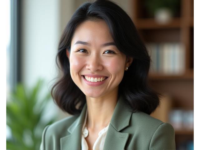 Elara Vance, Veridian Bloom's lead wellness coach, smiling warmly in a professional yet approachable setting, suggesting a blend of expertise and empathy.