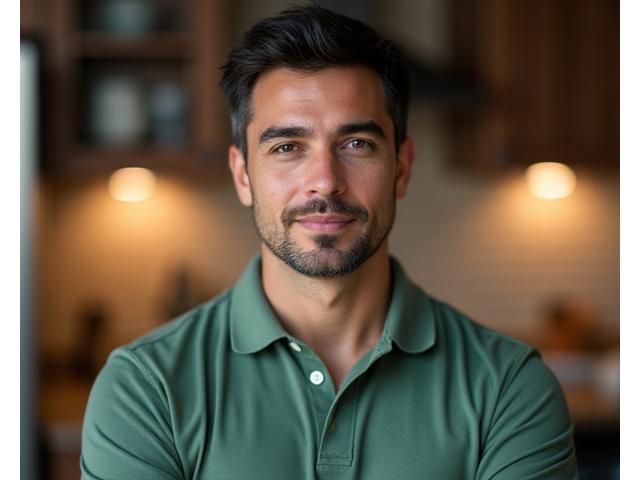 Kian Thorne, a male wellness coach, looking thoughtfully at the camera, embodying a calm and guiding presence, perfect for digital wellness coaching.