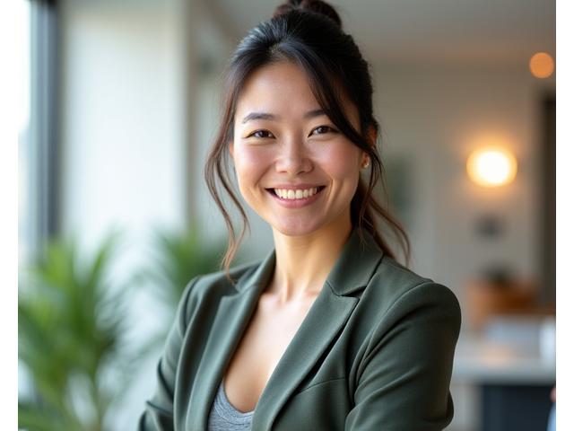 Sora Lee, a dynamic female fitness and habit coach, demonstrating an approachable and encouraging demeanor, suitable for inspiring sustainable lifestyle improvements.