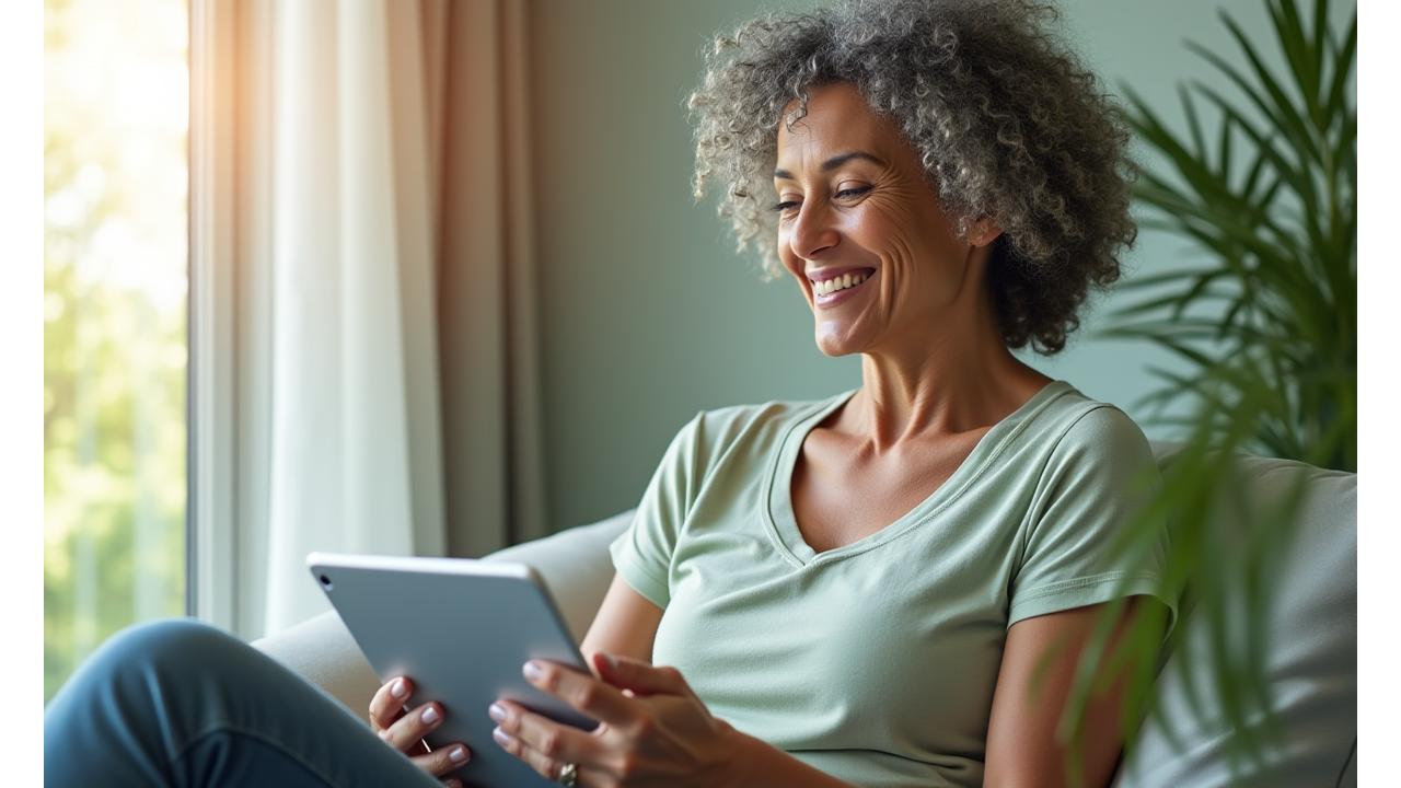 A woman in her late 30s engaged in a calm virtual coaching session on a tablet, with a subtle overlay of abstract data visualizations, representing personalized wellness guidance. The background is a bright, airy living space with natural light and hints of greenery, reflecting a positive home environment.