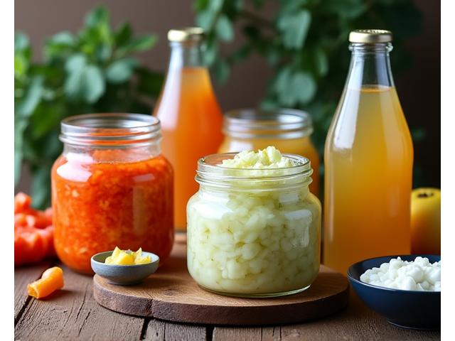 Assortment of vibrant fermented foods in glass jars: kimchi, sauerkraut, kombucha, and kefir, on a rustic wooden table.