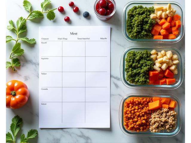 Top-down view of a vibrant, healthy meal prep spread with labeled containers of fiber-rich meals.