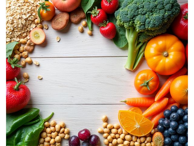 Close-up of diverse high-fiber foods: oats, berries, leafy greens, and legumes, arranged aesthetically.