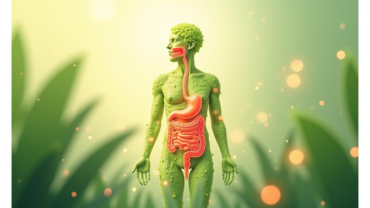 Illustration of a healthy digestive system intertwined with vibrant plants and glowing energy to represent holistic wellness.