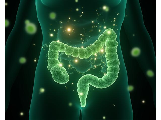 Artistic representation of gut microbiome with diverse, interconnected microbial life forms in a balanced state.