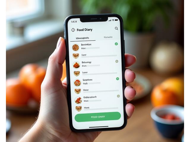 Close-up of a hand interacting with a mobile app displaying a detailed food diary with meal entries and symptom ratings.