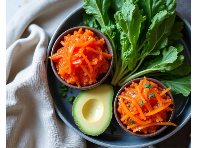 Close-up of vibrant, healthy gut-friendly foods like fermented vegetables and leafy greens