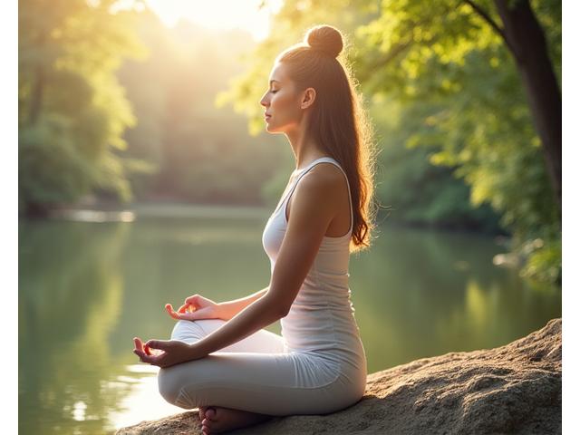 A person practicing mindful meditation outdoors in a serene, natural setting