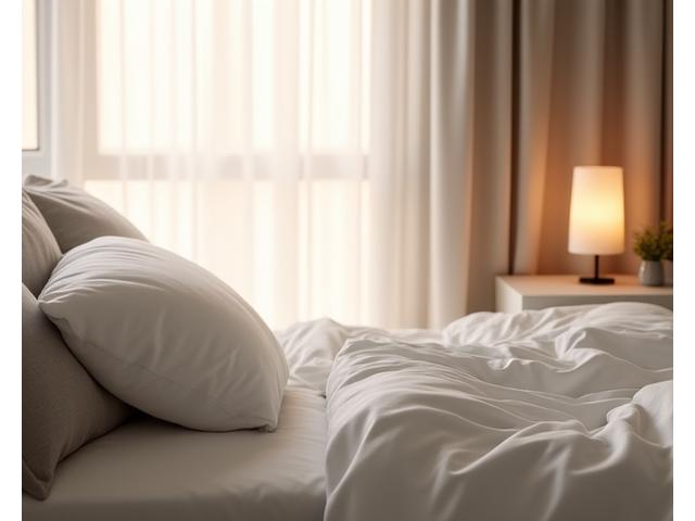 Peaceful bedroom setting with soft lighting, a cozy bed, and subtle sleep tech on a nightstand