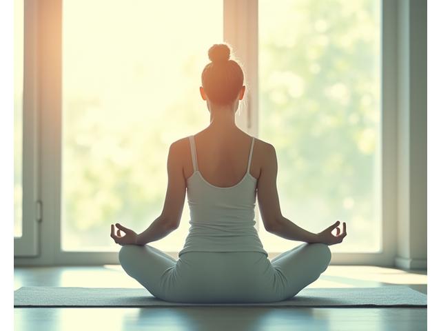 Someone practicing gentle yoga or meditation in a peaceful, sunlit room, symbolizing stress management