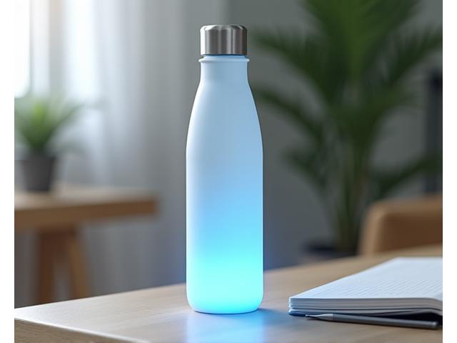 Smart water bottle glowing subtly on a modern desk