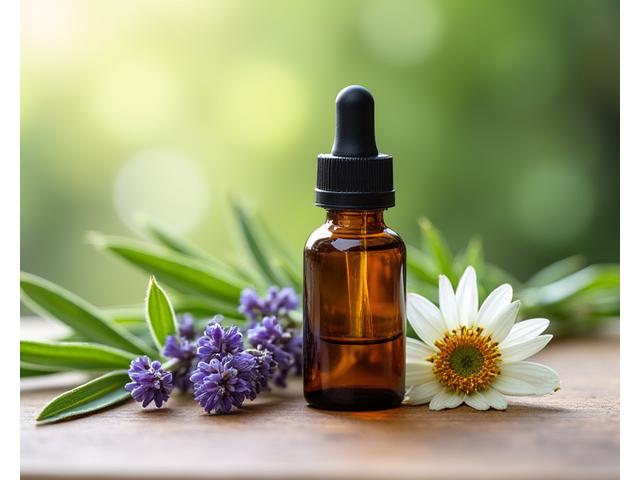Herbal stress relief tincture bottle with calming botanical ingredients