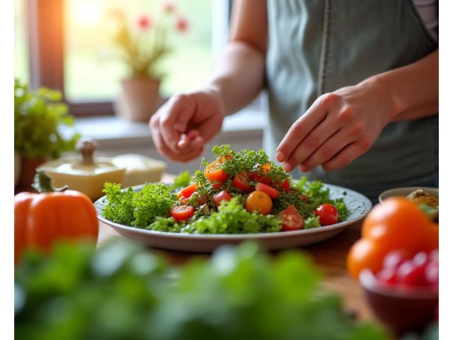 Close-up of hands preparing a nourishing, gut-friendly meal in a modern kitchen, with fresh ingredients visible.
