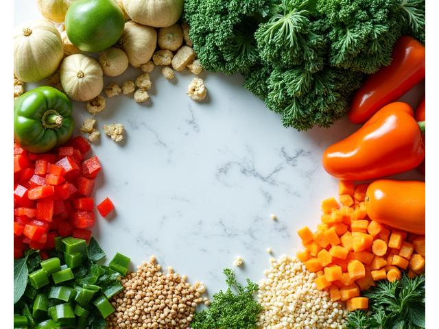 Table spread with various prepped ingredients for gut-healthy meals, including chopped vegetables, herbs, and whole grains.