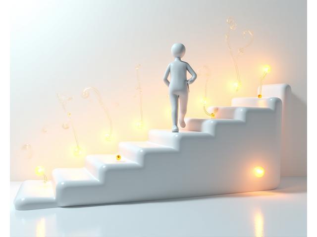 Illustration of a person climbing stairs made of positive habits, surrounded by abstract representations of support and progress.