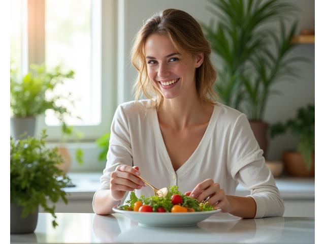 Woman enjoying a light, healthy meal in a bright, modern kitchen, symbolizing metabolic health and sustainable eating.