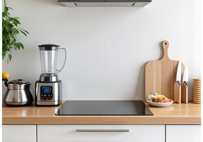 Modern kitchen tools like a high-speed blender, food scale, and spiralizer, symbolizing healthy meal prep.