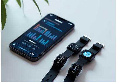 An array of modern activity trackers and smartwatches on a clean surface, emphasizing data and progress.