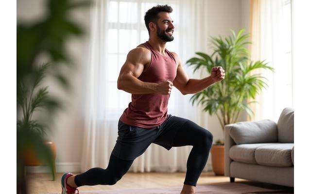 Person performing bodyweight exercises at home, using resistance bands, in a bright, inviting living space.