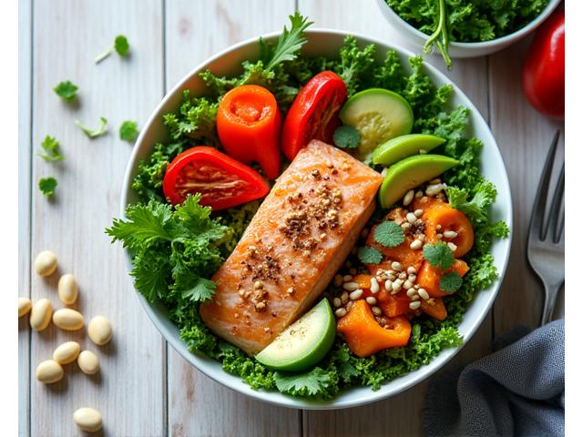 Vibrant, colorful bowl of healthy food with leafy greens, lean protein, and various vegetables, emphasizing satiety.