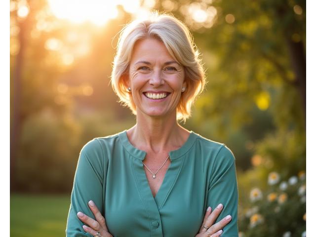 Smiling woman, Eleanor Vance, looking energetic outdoors, representing improved sleep and energy.