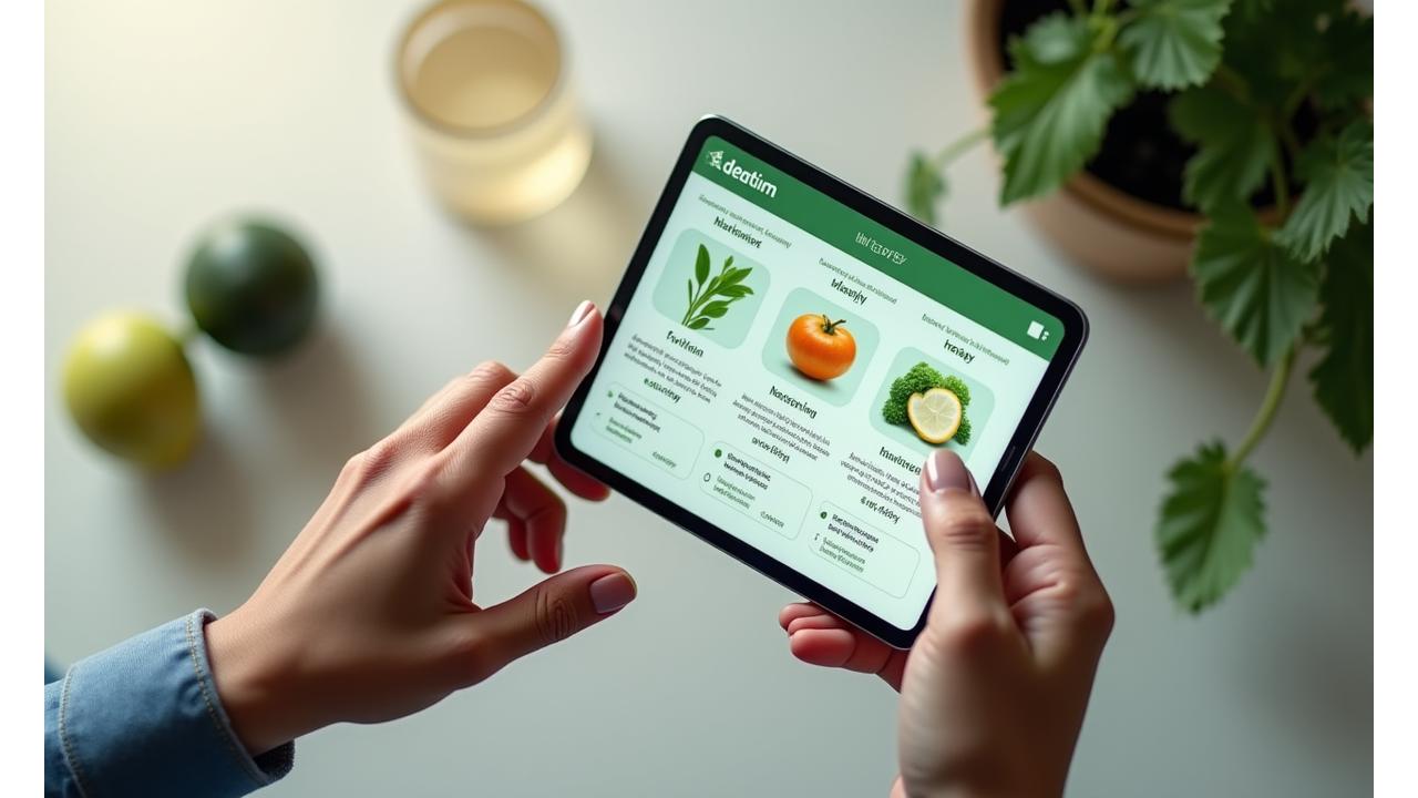 An interactive digital interface showing personalized wellness recommendations changing based on user input, displaying a balanced diet plan, a tailored exercise routine, and sleep tracking suggestions.