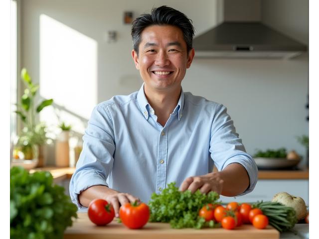 Man, Marcus Chen, smiling confidently while preparing a healthy meal in a modern kitchen, symbolizing sustainable weight loss and improved health.